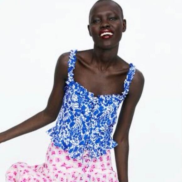 Zara Blue Floral Print Lace Up Tie Sleeveless Ruffle Strap Crop Tank Top Size S - Picture 3 of 9